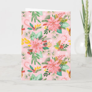 Christmas Floral Merry & Bright Pink  Holiday Card