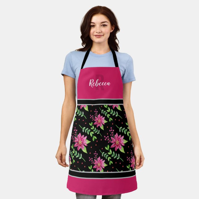 Christmas Floral Monogram pink Apron (Worn)