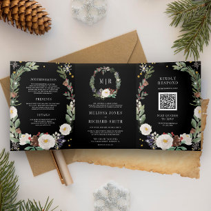 Christmas Floral Monogram QR Code Black Wedding Tri-Fold Invitation