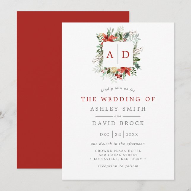 Christmas Floral Monogram Red And Green Wedding Invitation (Front/Back)