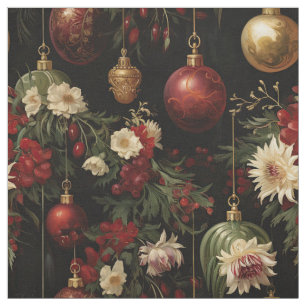 Christmas Floral Ornaments on Black Fabric