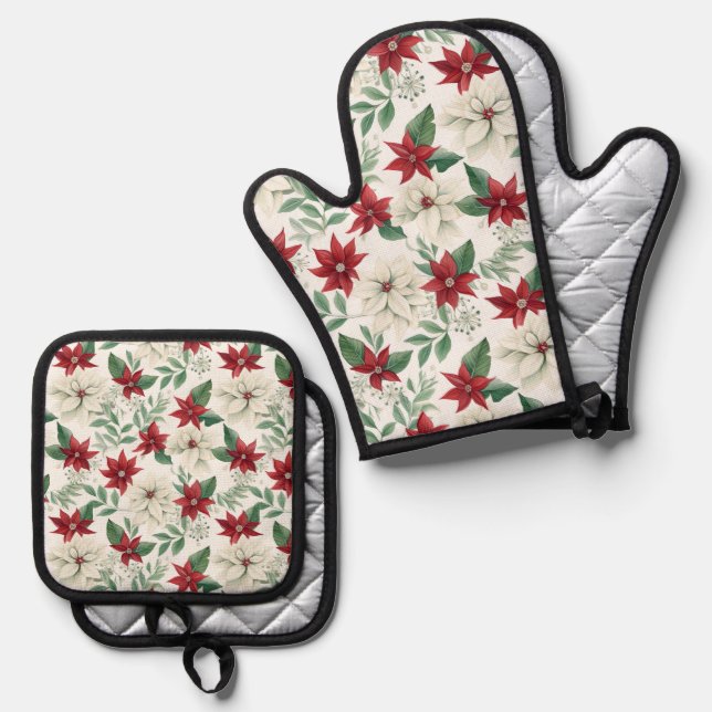 Christmas Floral Oven Mitt with Matching Pot Holde Oven Mitt & Pot Holder Set (Front/Back)