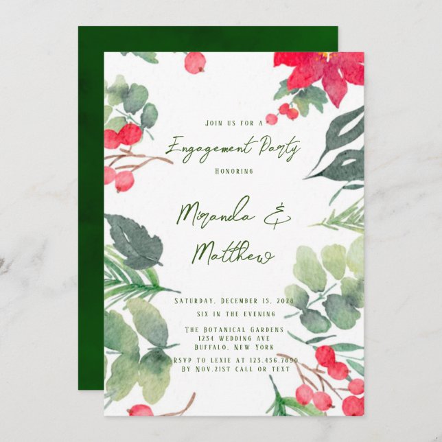 Christmas Floral Paint Green Leaf Engagement Party Invitation (Front/Back)