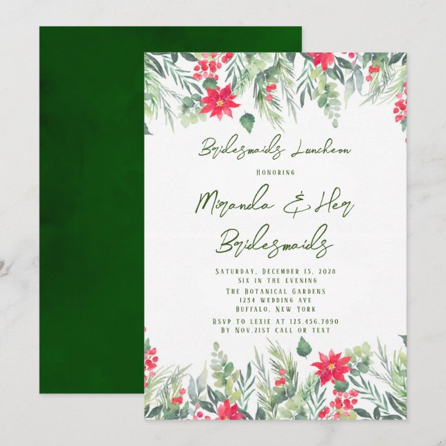 Christmas Floral Paint Leaf Bridesmaids Luncheon  Invitation (Front/Back)