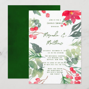 Christmas Floral Painted Green Leaf Couples Shower Invitation