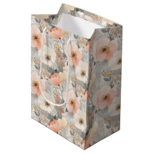 Christmas Floral Pastel Peach & Grey Watercolor Medium Gift Bag