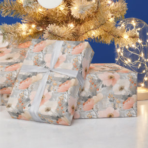 Christmas Floral Pastel Peach & Grey Watercolor Wrapping Paper