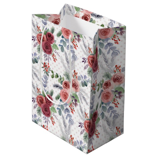 Christmas Floral Pattern Medium Gift Bag (Back Angled)