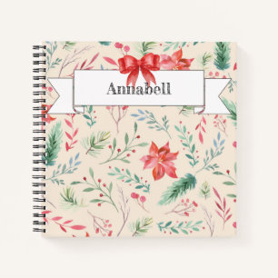 Christmas Floral Pattern Ribbon Monogram Notebook