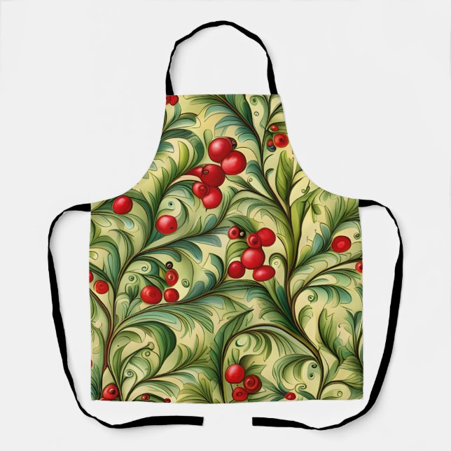 Christmas Floral Pattern With Red Berries Apron (Front)