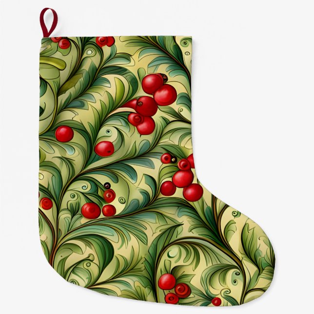 Christmas Floral Pattern With Red Berries Large Christmas Stocking (Front)