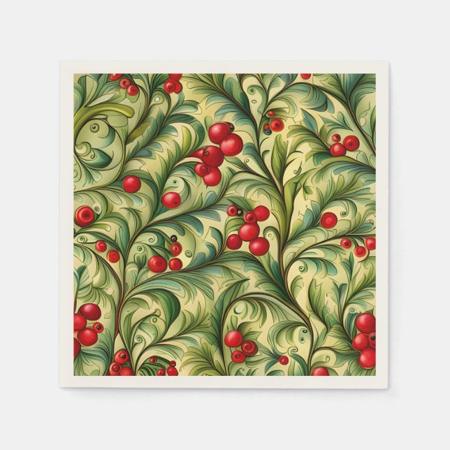 Christmas Floral Pattern With Red Berries Napkin (Front)