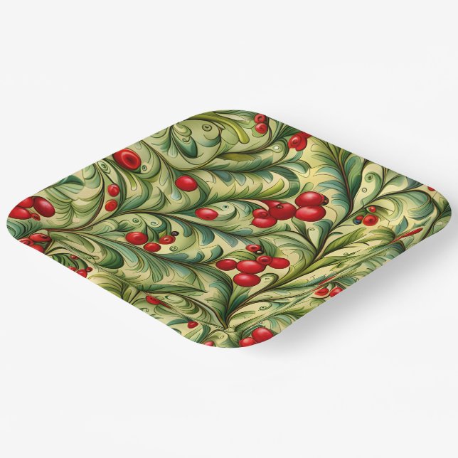Christmas Floral Pattern With Red Berries Paper Plate (Angled)