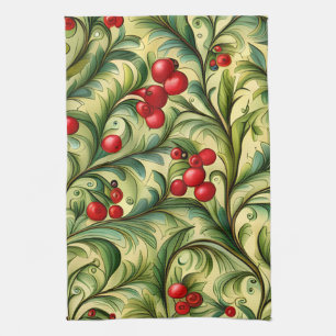 Christmas Floral Pattern With Red Berries Tea Towel