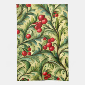 Christmas Floral Pattern With Red Berries Tea Towel