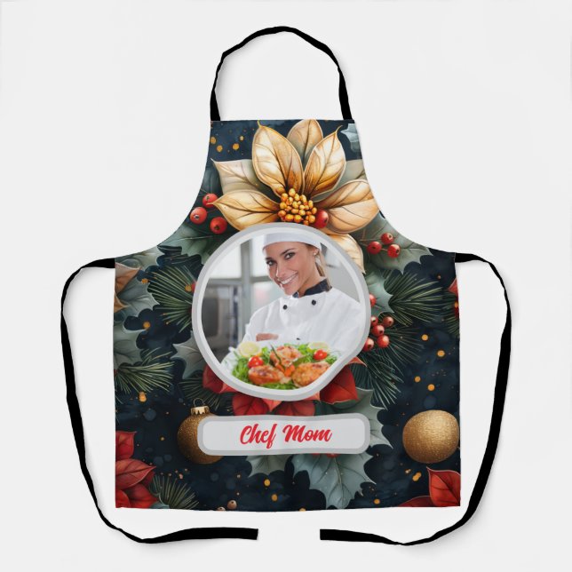 Christmas Floral Personalised Chef Mum Photo Apron (Front)