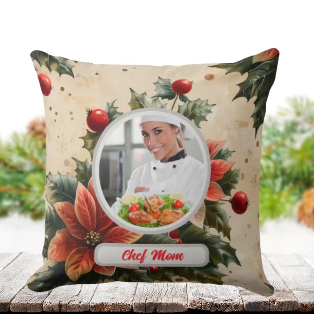 Christmas Floral Personalised Chef Mum Photo Cushion (Creator Uploaded)