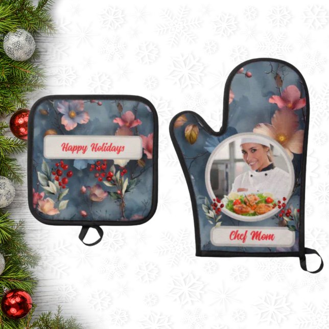 Christmas Floral Personalised Chef Mum Photo Oven Mitt & Pot Holder Set (Creator Uploaded)