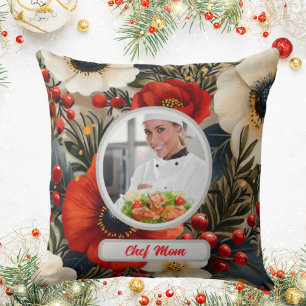 Christmas Floral Personalized Chef Mom Photo Cushion