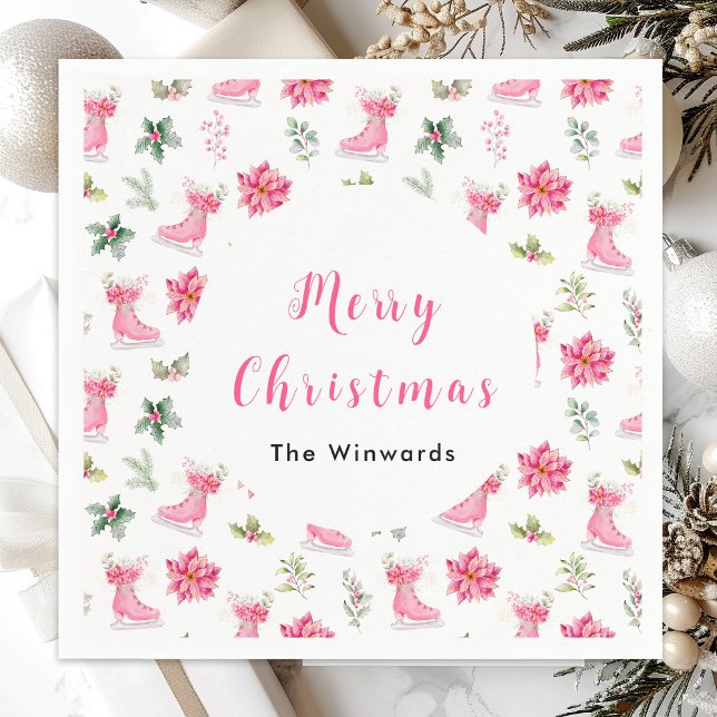 Christmas Floral Pink Ice Skates Merry Christmas Napkin (Creator Uploaded)