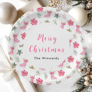 Christmas Floral Pink Ice Skates Merry Christmas Paper Plate