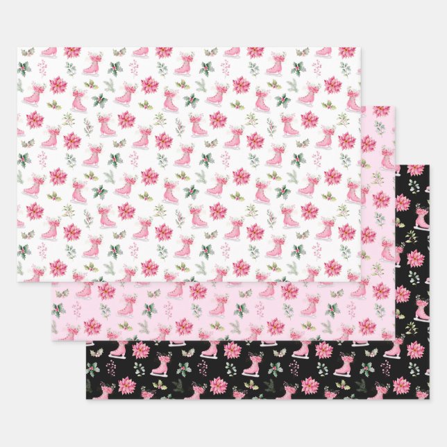 Christmas Floral Pink Ice Skates Wrapping Paper Sheet (Set)