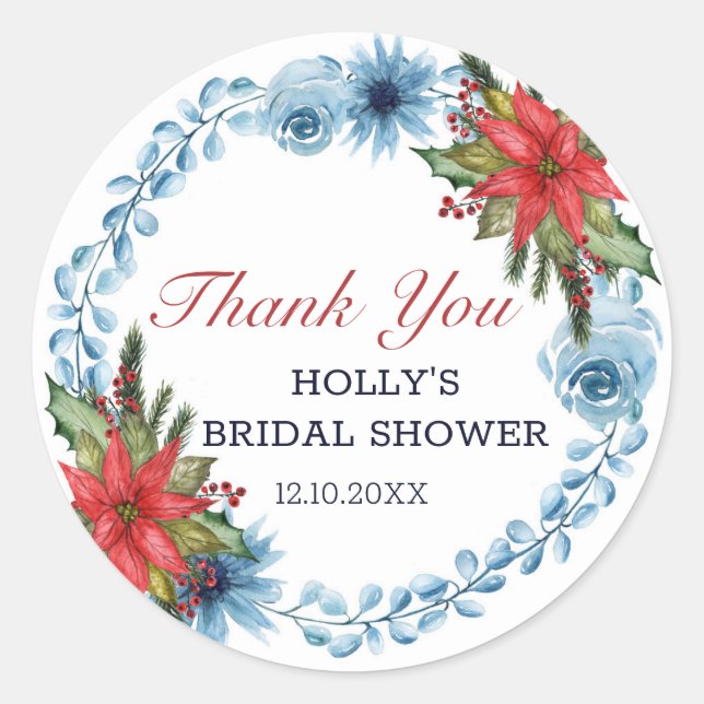Christmas Floral Poinsetta Bridal Shower Thank You Classic Round Sticker (Front)