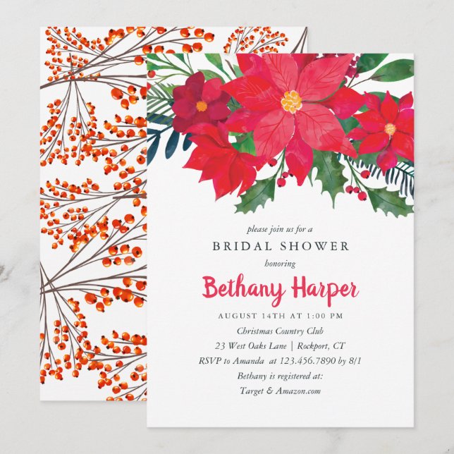 Christmas  Floral Poinsettia Bridal Shower Invitation (Front/Back)