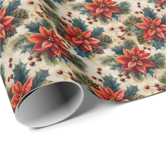 Christmas Floral Poinsettia Holiday Wrapping   Wrapping Paper (Roll Corner)