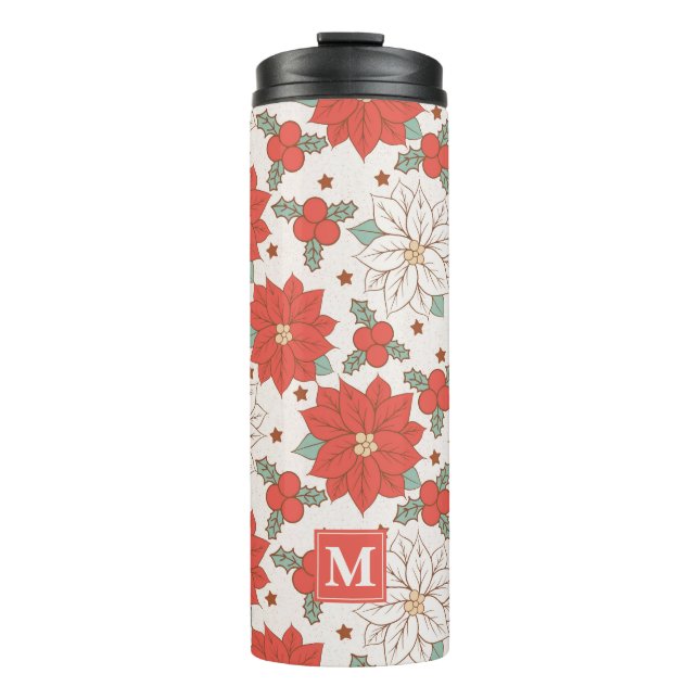 Christmas Floral Poinsettia Holly Custom Thermal Tumbler (Front)