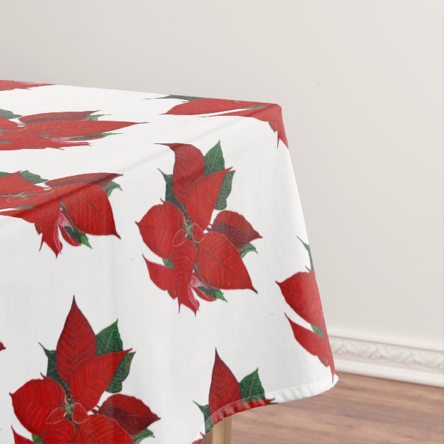 Christmas Floral Poinsettia Pattern on White Tablecloth (In Situ)