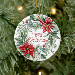 Christmas Floral Poinsettia Wreath Merry Christmas Ceramic Tree Decoration