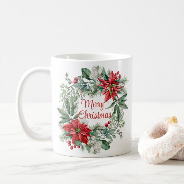 Christmas Floral Poinsettia Wreath Merry Christmas Coffee Mug (With Donut)