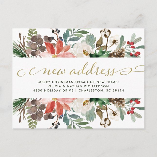 Christmas Floral | Pretty Holiday Moving Announcement Postcard (Front)
