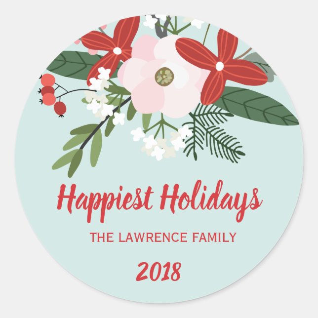 Christmas Floral Red Aqua Holiday Classic Round Sticker (Front)