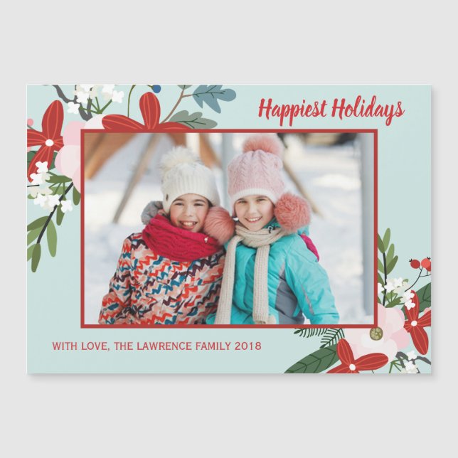 Christmas Floral Red Aqua Holiday Photo Magnet (Front)