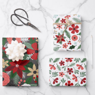 Christmas Floral Red Green Berries Wrapping Paper Sheet