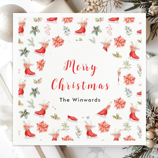 Christmas Floral Red Ice Skates Merry Christmas Napkin (Creator Uploaded)