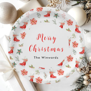 Christmas Floral Red Ice Skates Merry Christmas Paper Plate