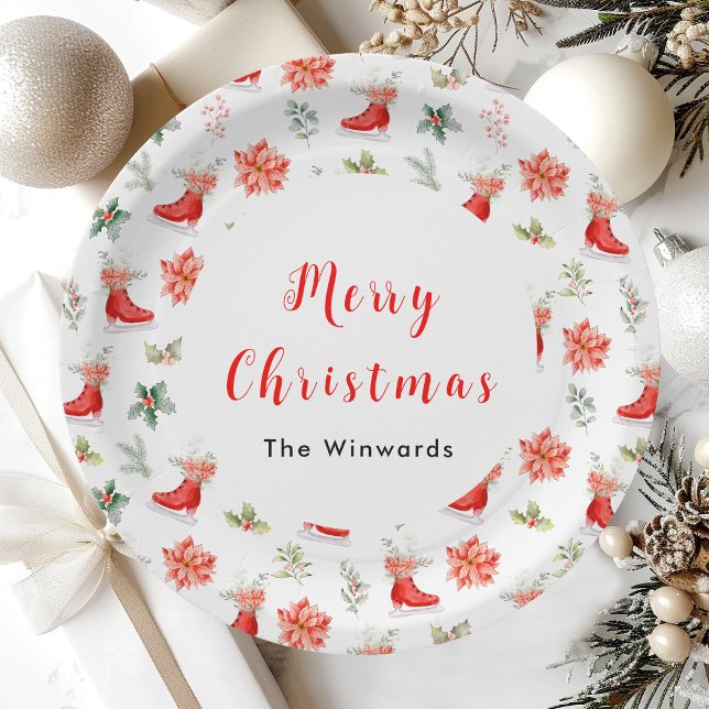 Christmas Floral Red Ice Skates Merry Christmas Paper Plate (Creator Uploaded)