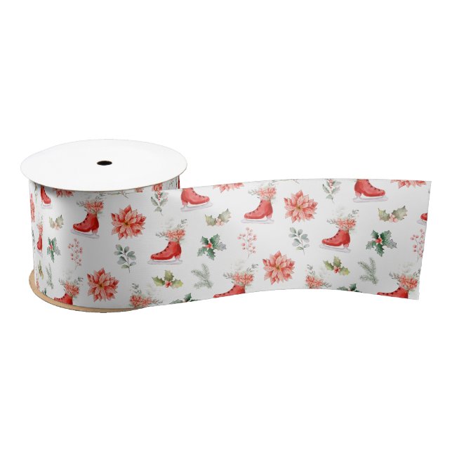 Christmas Floral Red Ice Skates Satin Ribbon (Spool)