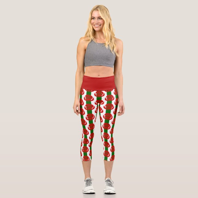 christmas floral red roses striped capri leggings (Front)