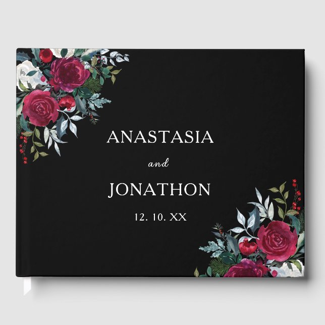 Christmas Floral Rose Personalised Wedding  Guest Book (Front)