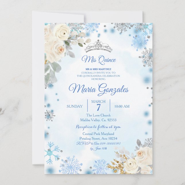 Christmas Floral & Silver Snowflake Quinceanera Invitation (Front)