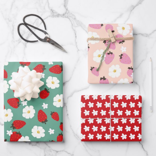 Christmas Floral Strawberry Dream Wrapping Paper Sheet (Front)