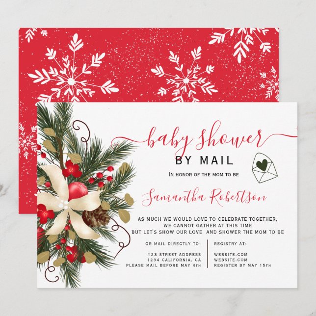 Christmas floral watercolor baby shower by mail invitation (Front/Back)