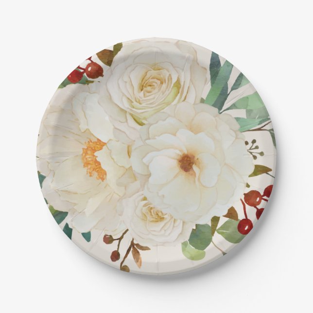 Christmas Floral Watercolor Bridal Shower Paper Plate (Front)