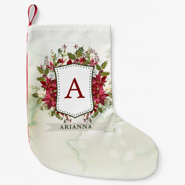 Christmas Floral Watercolor Crest | Monogram Small Christmas Stocking (Front)