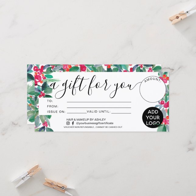 Christmas floral watercolor gift certificate logo (Front/Back In Situ)