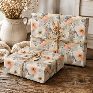 Christmas Floral Watercolor Pastel Peach & Grey  Wrapping Paper Sheet